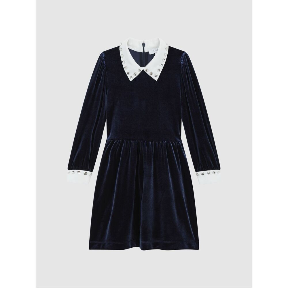 Reiss Junior Riley Diamante Collar Velvet Dress in Navy Size 8-9